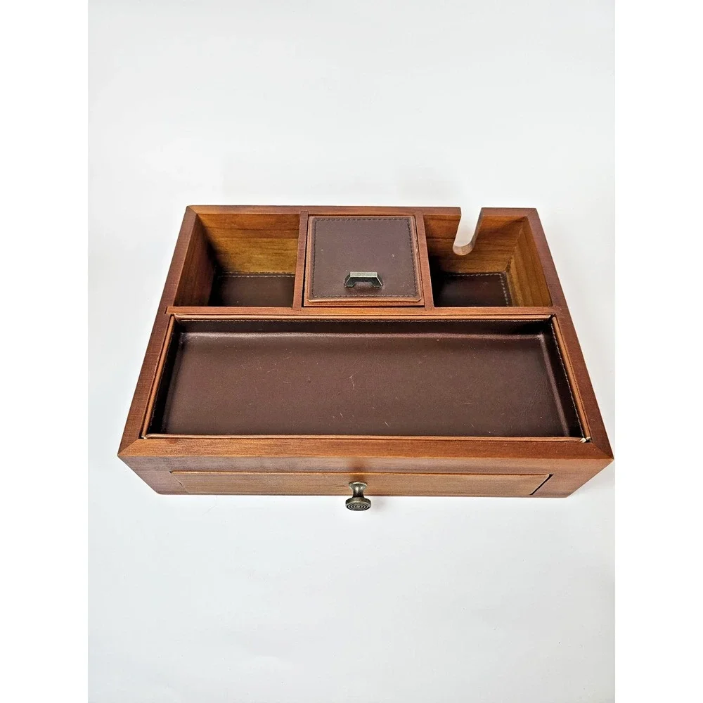 Wooden Valet Tray Dresser Organizer Box Drawer Faux Leather Ring Rolls Charge